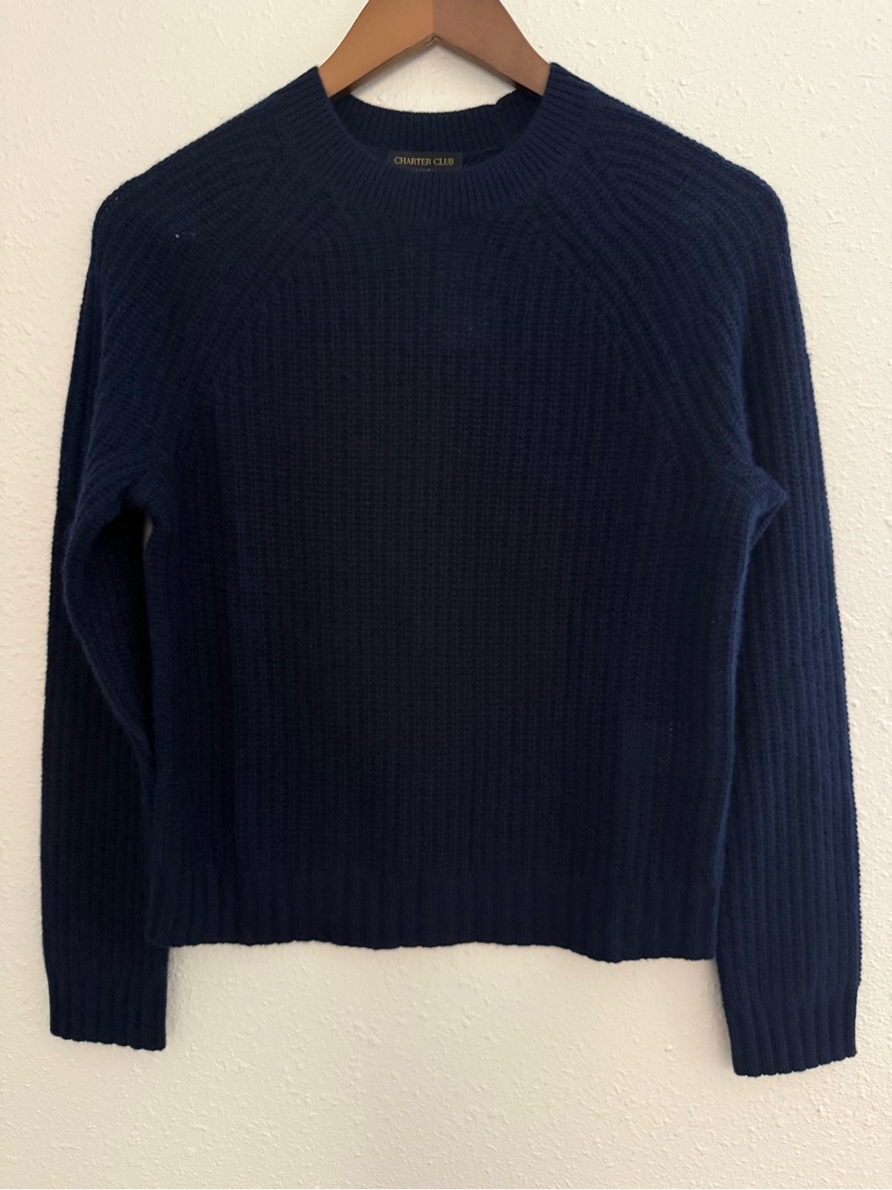 NWT Charter Club 100% Cashmere Navy Ribbed Crewneck Sweater Petite Small